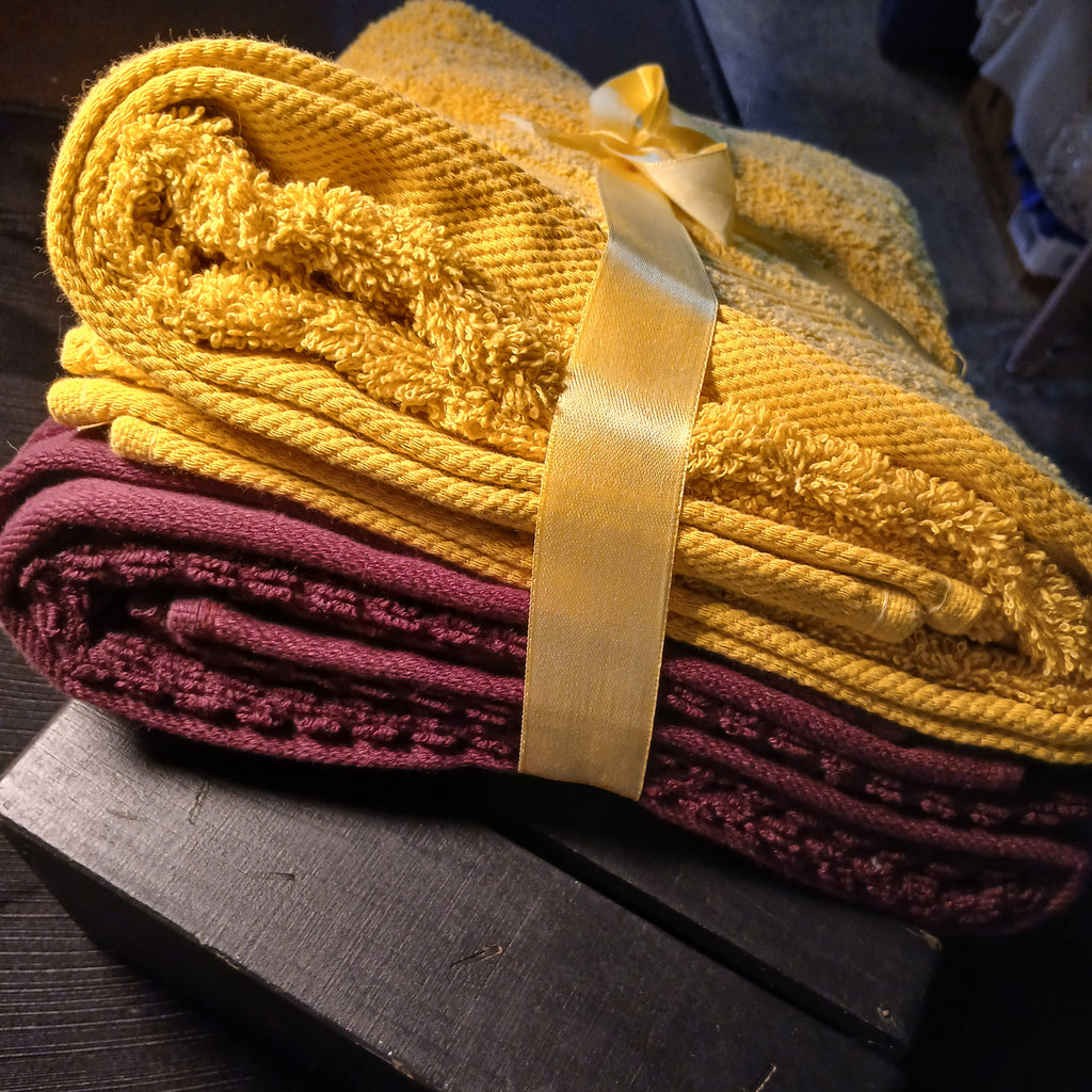 New 2-Pc 100% Cotton Bath Towel Set - 27 x 54 in. - Bargain Bin Home Collection, Yellow, and Maroon